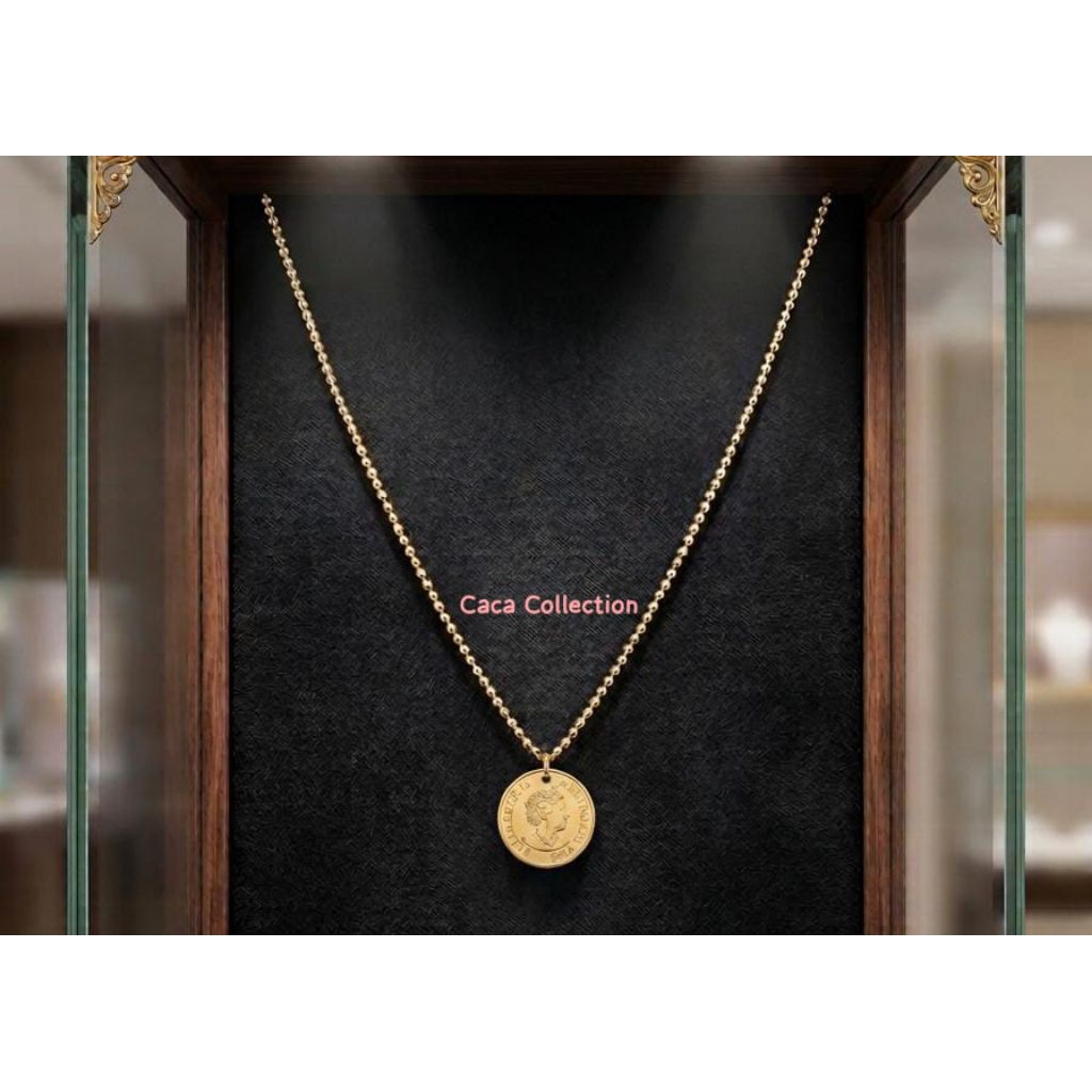 Kalung Titanium Wanita Liontin Koin Ratu Elizabeth Anti Karat Premium | Kalung Titanium Gold Liontin