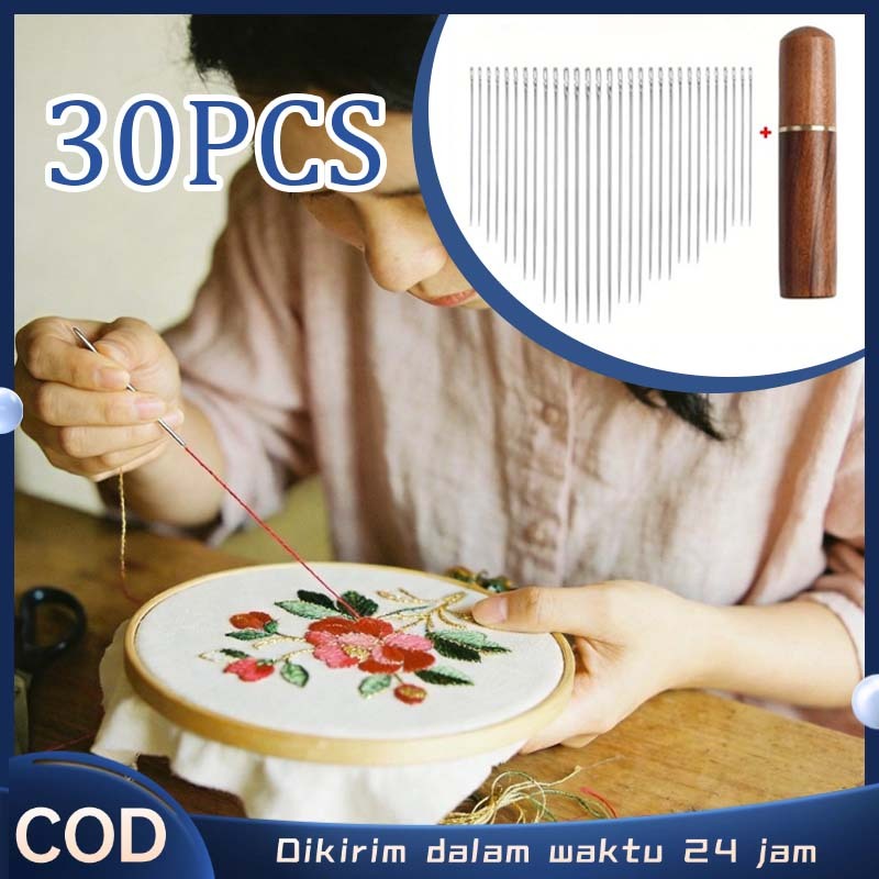 30pcs Jarum Jahit Tangan Otomatis Jarum Jahit Praktis Blind Needle Set Tong Penyimpanan Kayu Kompak 