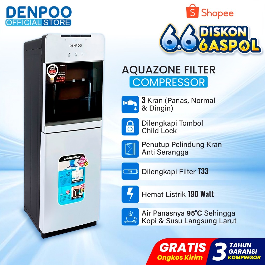 Denpoo Dispenser Galon Bawah Aquazone Filter Kompressor