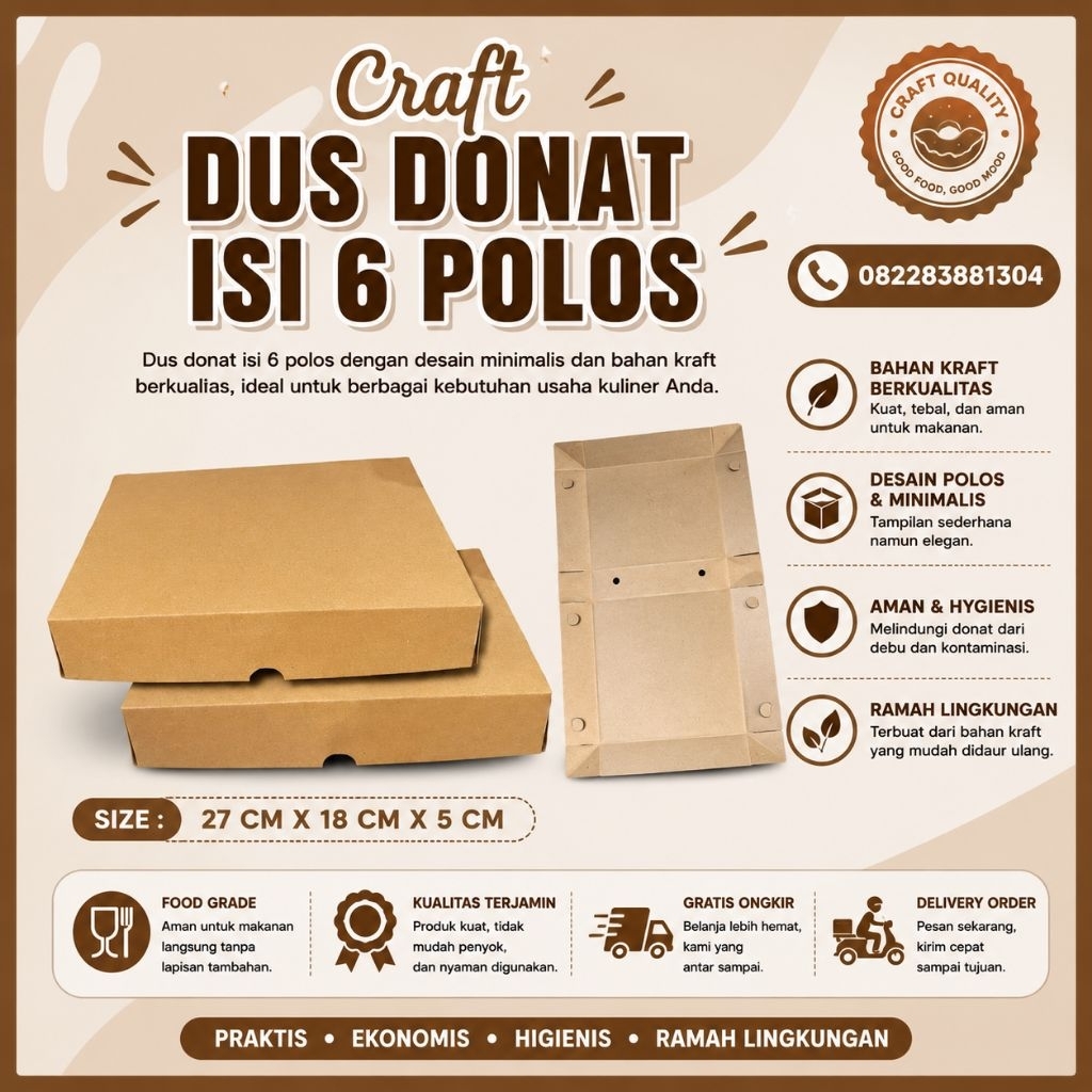 DUS DONAT ISI 6 CRAFT - POLOS - Box Donat - Kotak Donat isi 6
