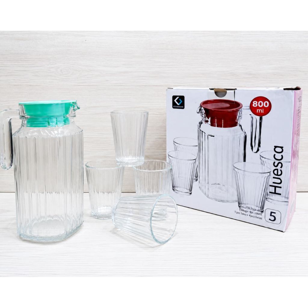 Set Teko Kaca 800ml + 4 Gelas Kaca Motif Premium