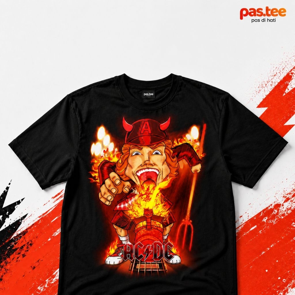 Kaos AC DC tema band metal dengan desain karakter api yang bold, nyala, dan cocok buat kamu yang suk