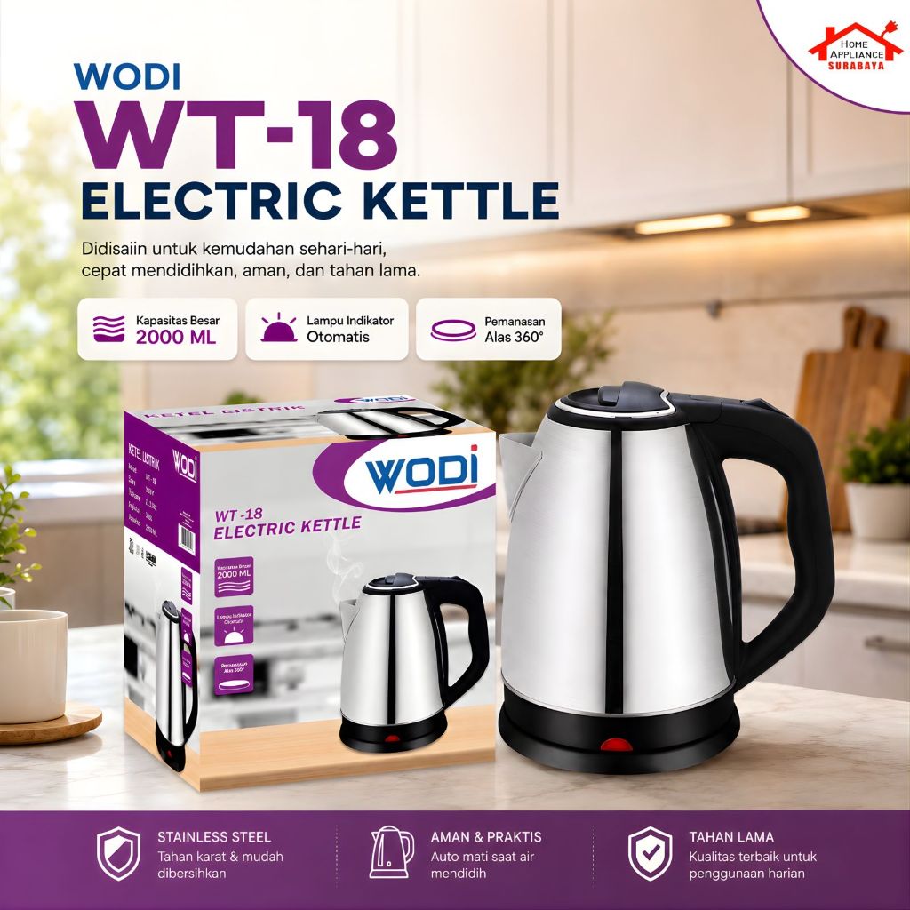 WODI Teko Listrik Stainless Anti Karat 2L - Kettle Electric 2 Liter Hemat Listrik Cepat Panas WT-18 