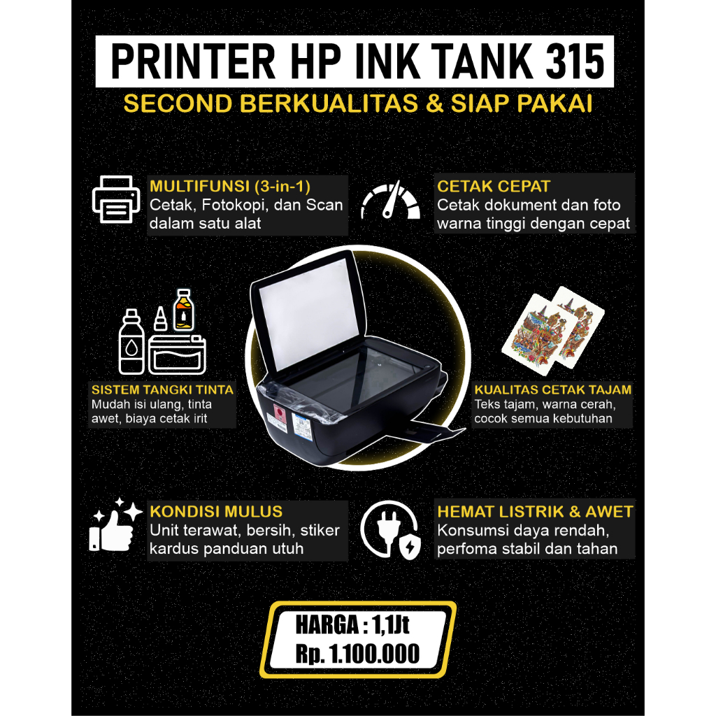 Printer HP Ink Tank 315 Second Multifungsi, Hemat Listrik, Cetak Warna Tajam, Hitam