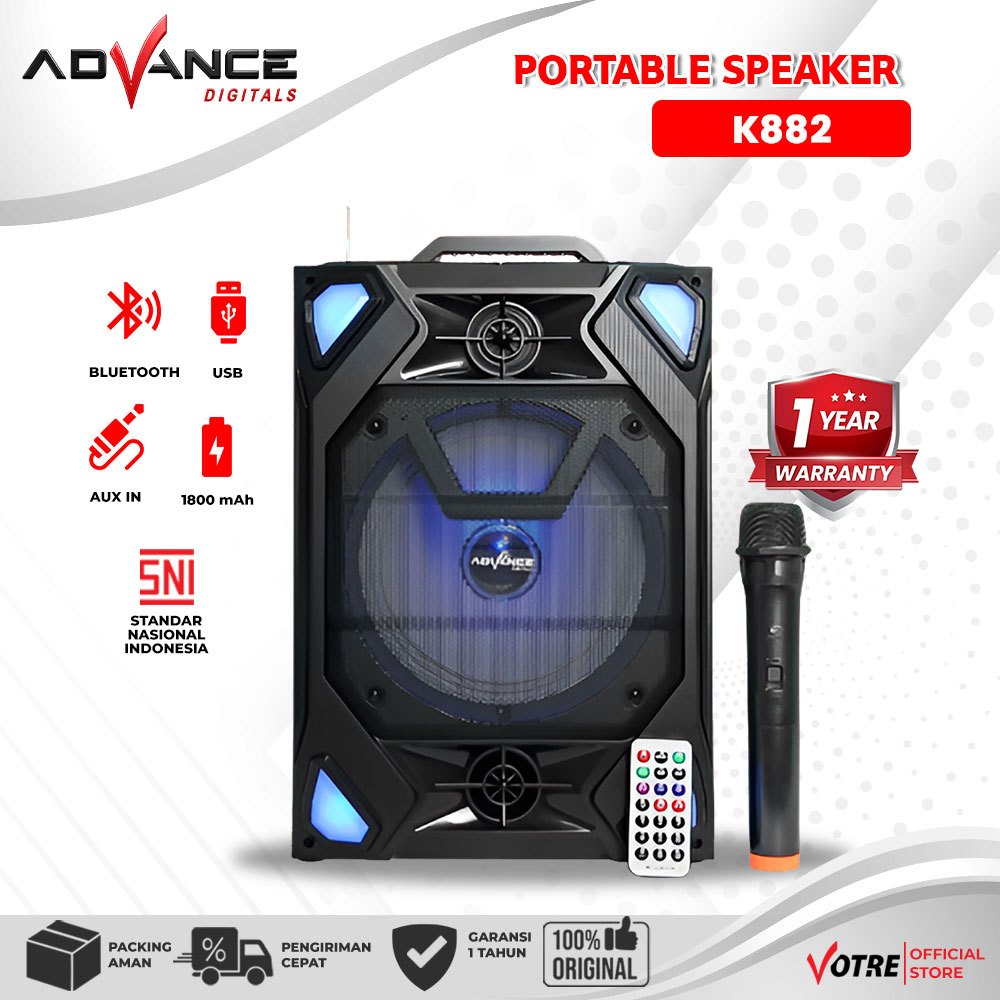 Advance Bluetooth Speaker K882 Speaker Dengan 8" Music Box Portable Sub woofer Karaoke USB Radio