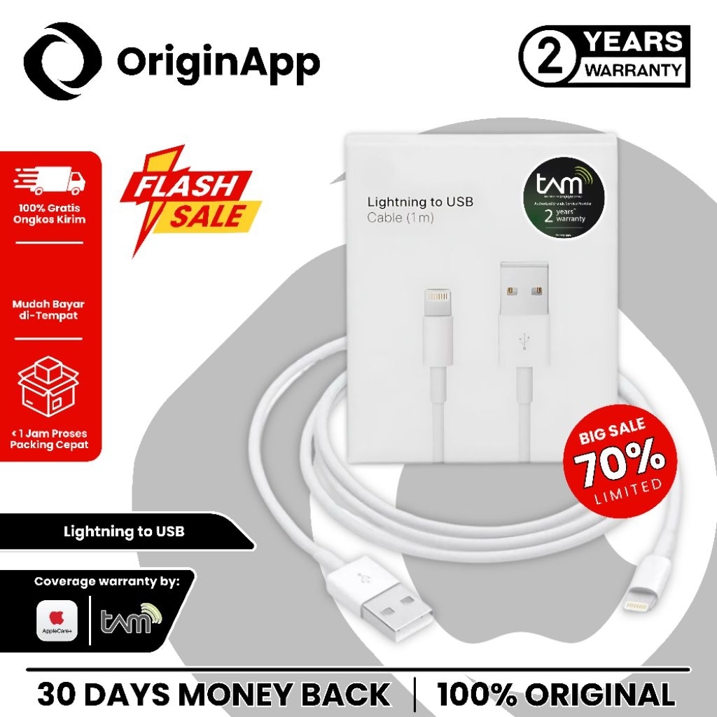 Lightning to USB Charge Cable 2M Garansi Resmi TAM 2 Tahun Original 100% iPhone iP 13 12 11 Pro Max 
