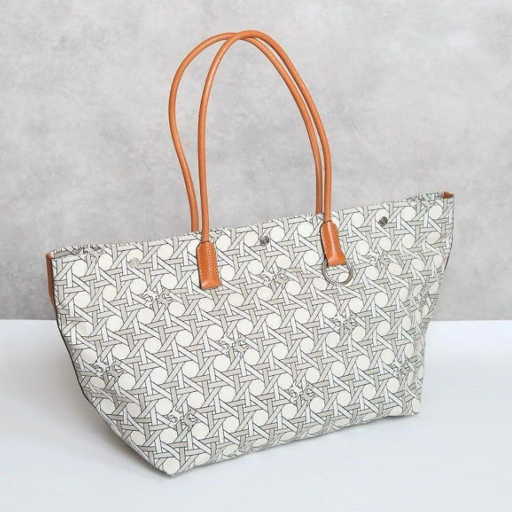 Tory Burch Basketweave Tote Bag Large Canvas with Leather