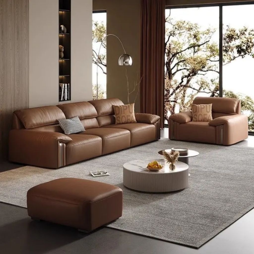  Set Sofa Kulit Asli Cokelat Gaya Modern Mewah – Desain Berkelas & Sangat Nyaman