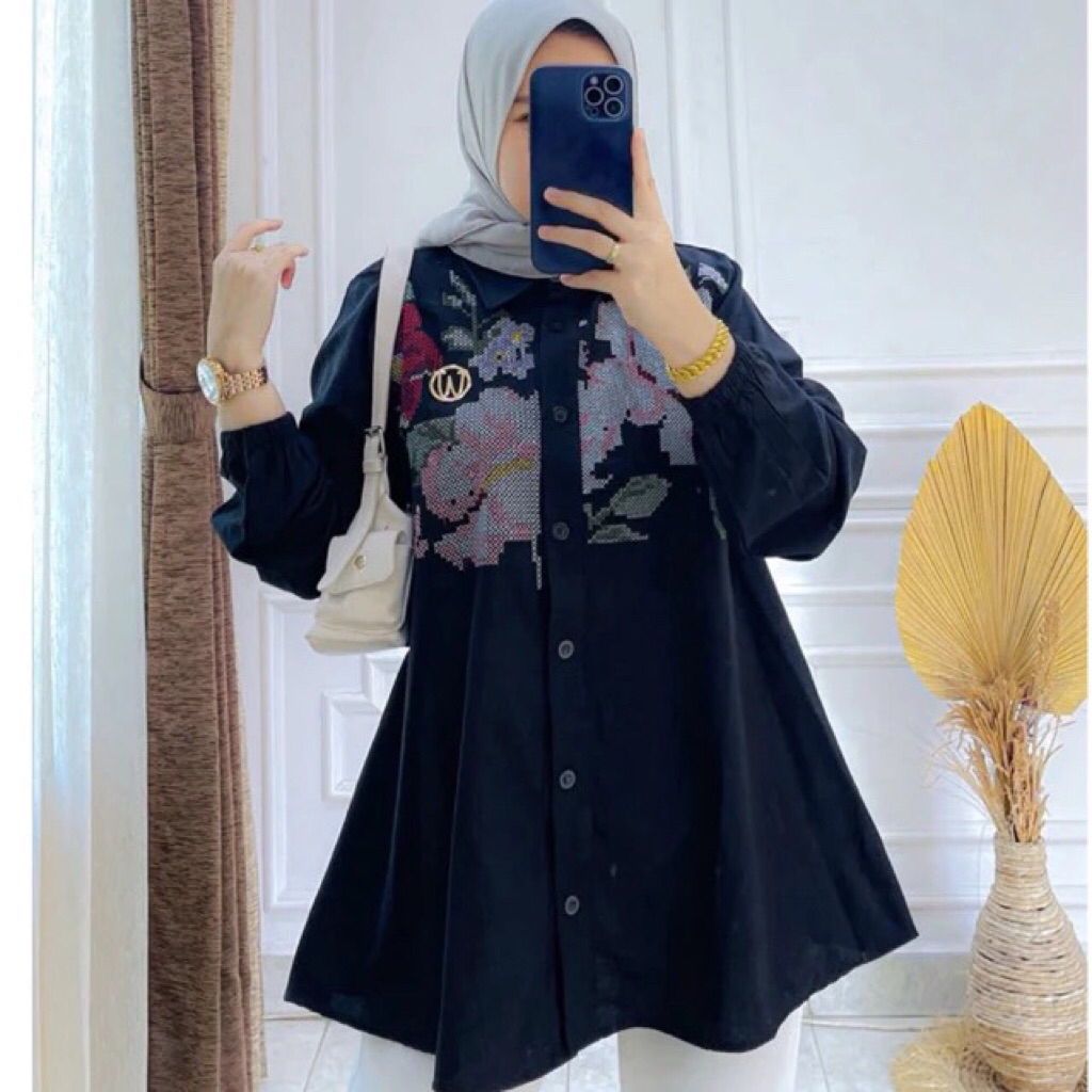 Winody Blouse Bordir Mawar | Tunik Elegan | Atasan Bordir Mawar | Hitam Putih