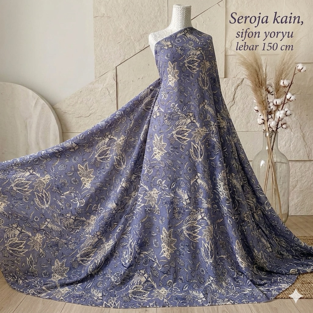 Kain Sifon Ceruty Yoryu Motif Bunga Gliter Denim - Lebar Kain 150cm Rm