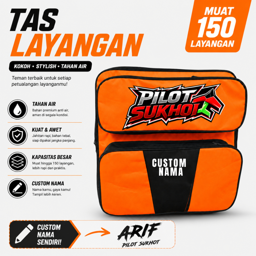 Tas Layang-Layang Model Pilot Sukhoi Keren Bahan Premium Waterprof Muat 150 Layangan Custom Nama