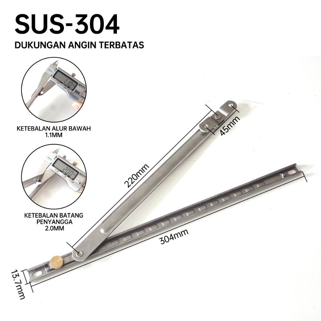 Penahan Angin Jendela Aluminium 12 Inci SUS-304 Baja Tahan Karat 304mm x 13.7mm Pengait Angin Terbat