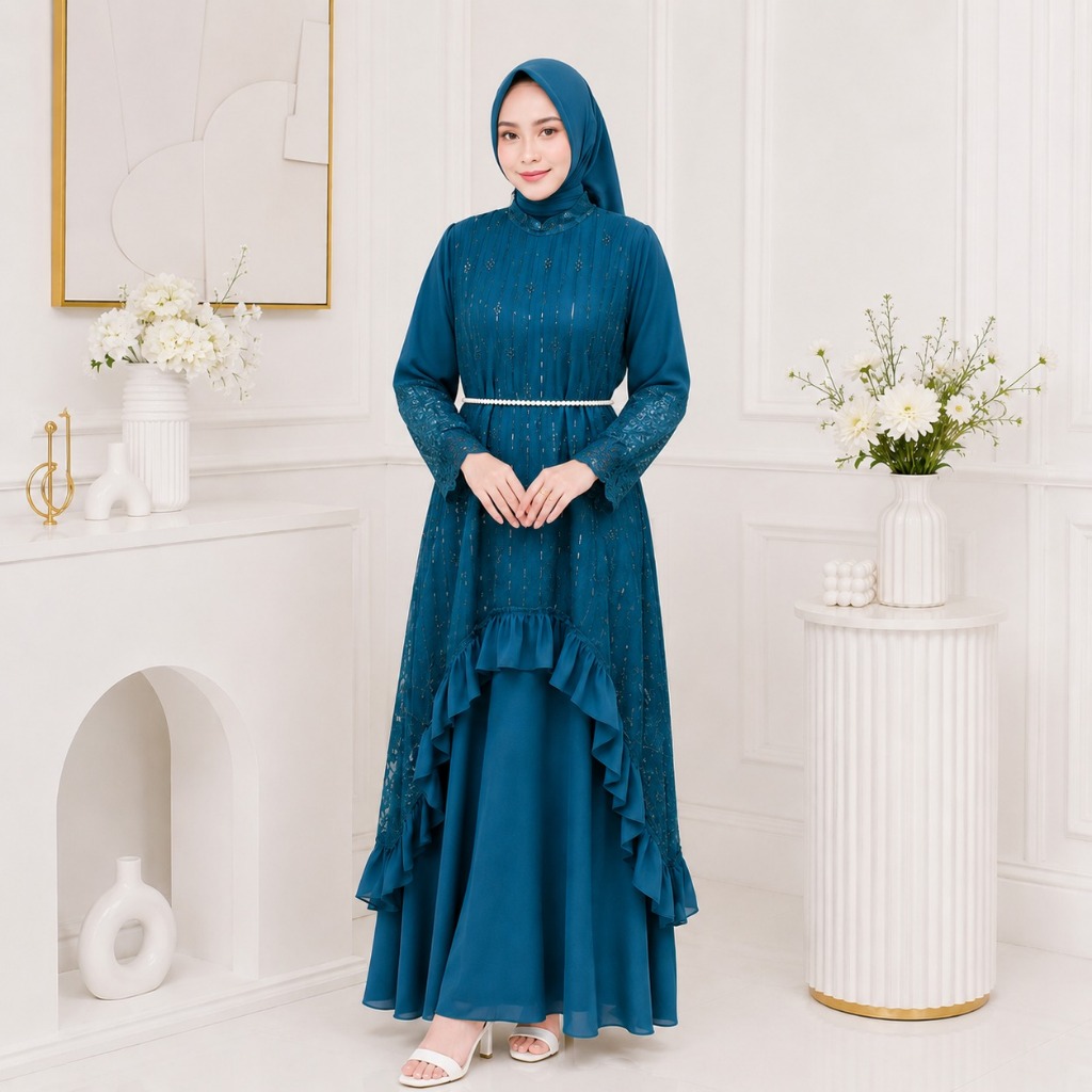Gamis Wanita Elegan Silvana Dress BC Bahan Ceruty Baby Doll Full Puring Mix Brokat Premium Gamis Kon