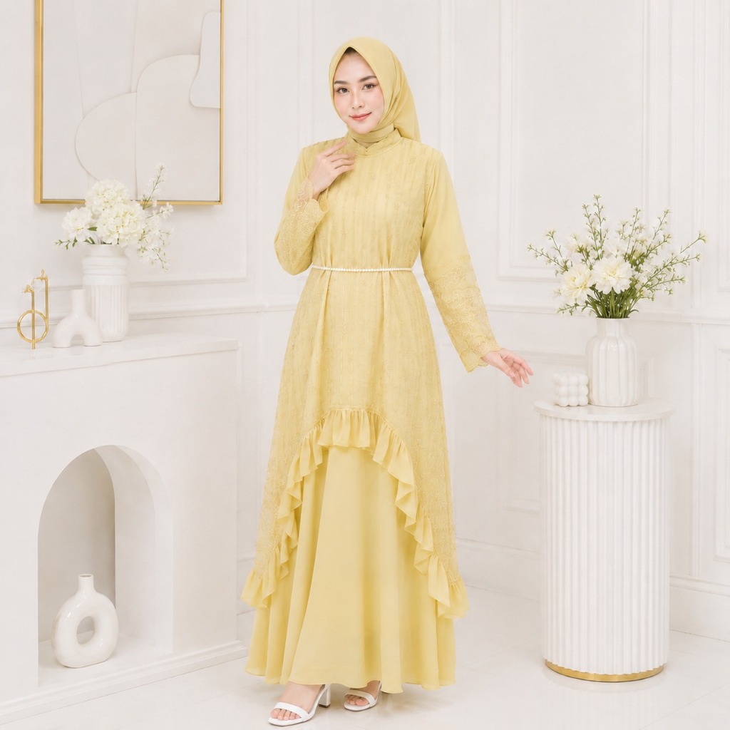 Gamis Wanita Elegan Silvana Dress BC Bahan Ceruty Baby Doll Full Puring Mix Brokat Premium Dress Wed