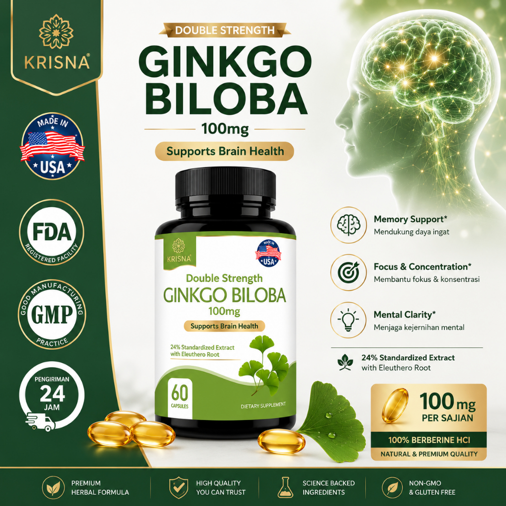 KRISNA Ginkgo Biloba Extract 100mg Double Concentrate Capsules 60 Kapsul – Suplemen Kesehatan Otak u