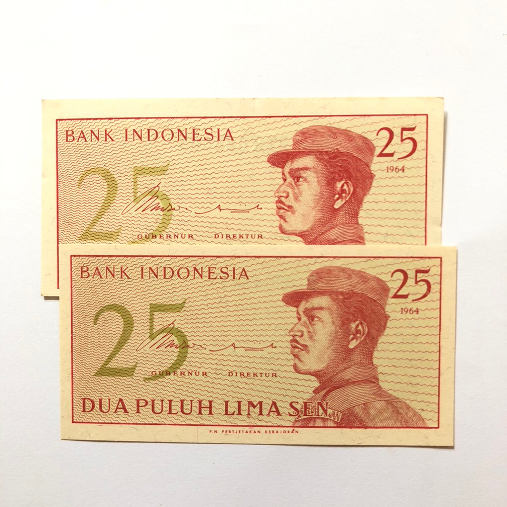 Uang kertas Kuno 25 Sen Tahun 1964 Seri Dwikora Original Kondisi Bagus Gress UNC Koleksi Nostalgia