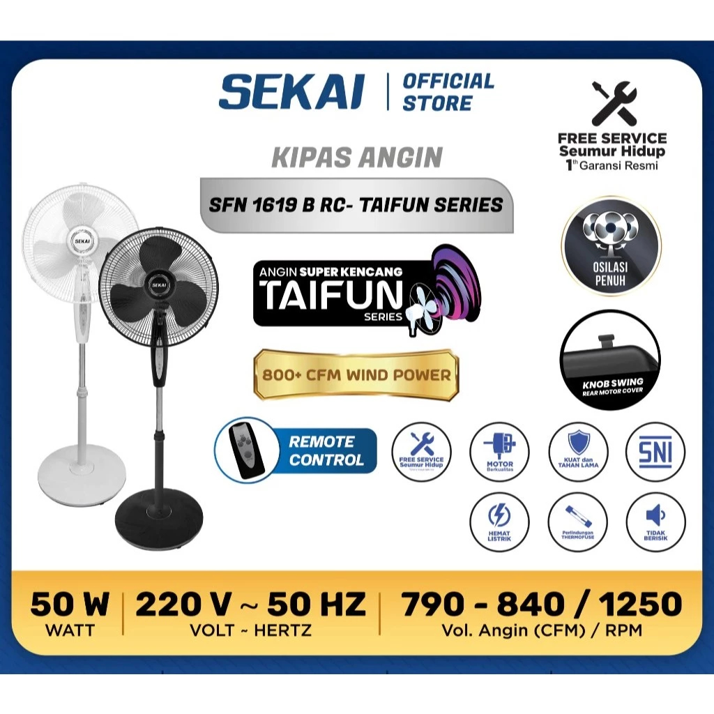 SEKAI Stand Fan SFN-1619B RC Remote Control16 Inch Angin Kencang Original Garansi Resmi