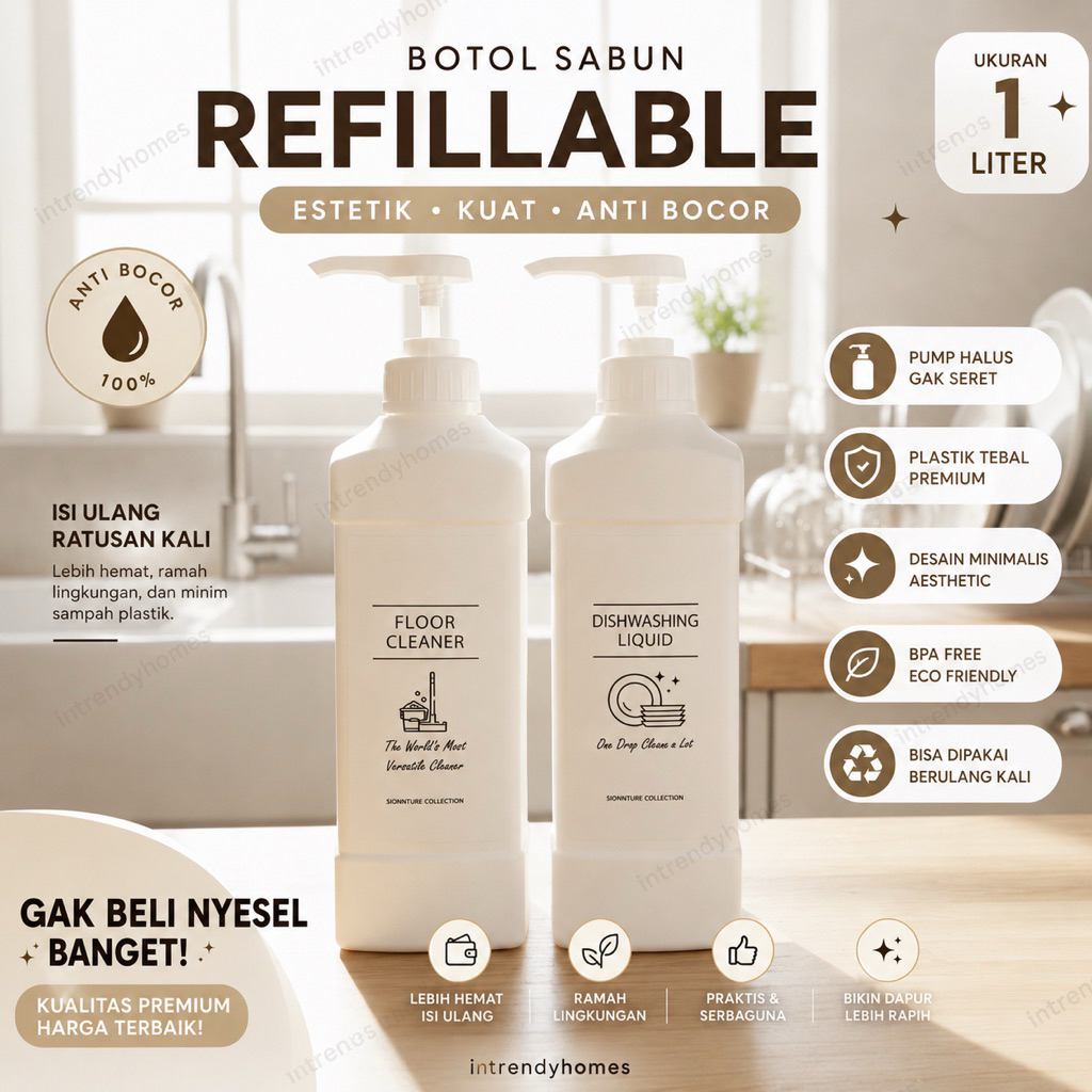PUMP Botol Sabun Detergen Cair 1000ml Plastik Tebal Refill Kosong Pump Tempat Sabun Cuci Piring Pel 