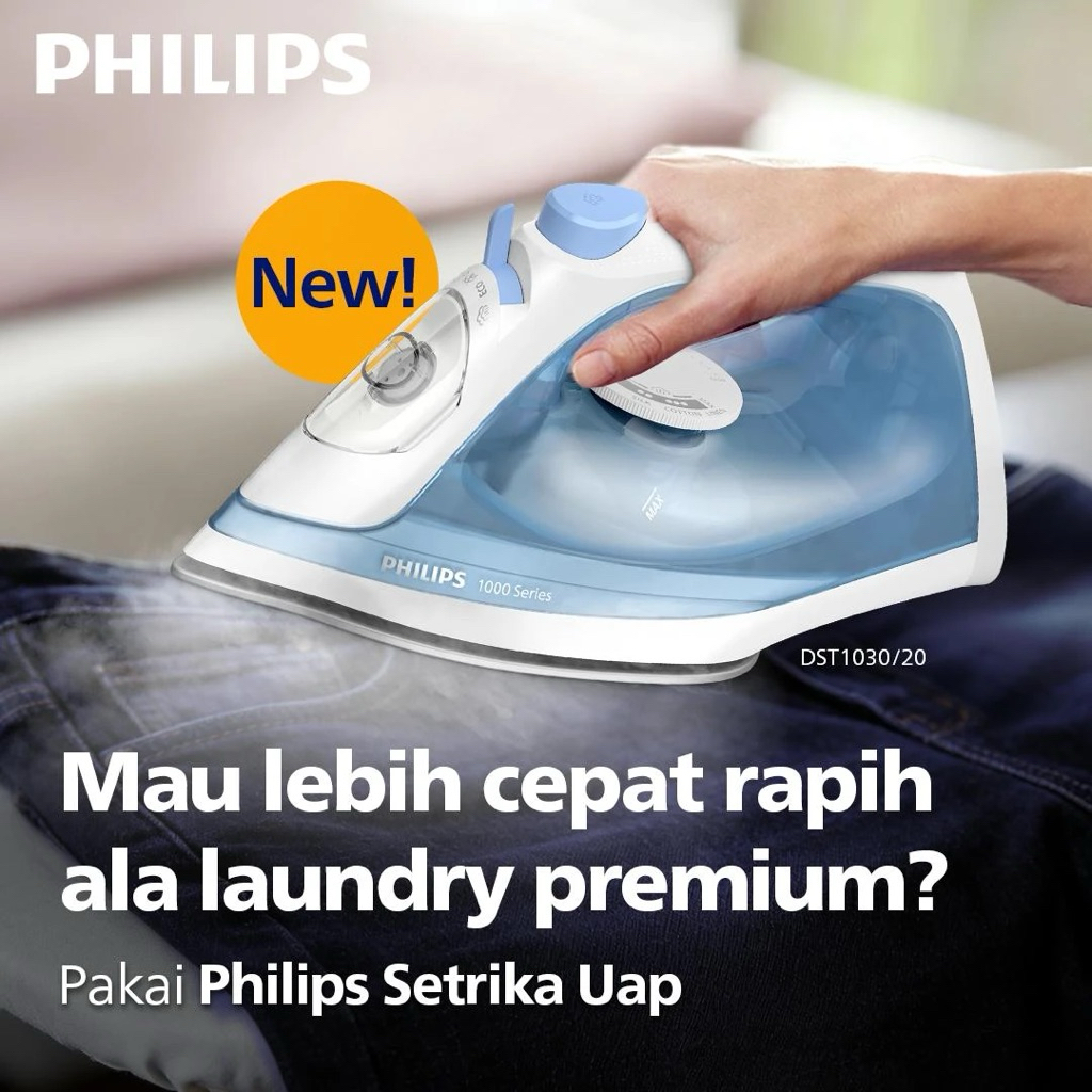 Philips Setrika Uap DST1030/20 Biru - Lebih Cepat Rapih dengan Uap Optimal, Tapak Non-stick, Tangki 