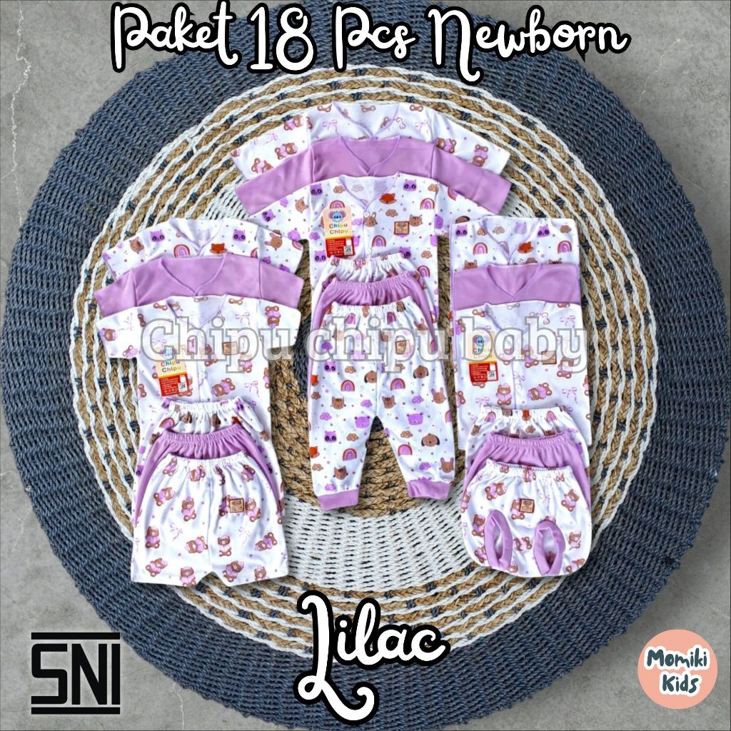 Baju Bayi Newborn Set 18 Pcs Seri Chipu Lilac Pakaian Baru Lahir Bahan Lembut Nyaman di Pakai