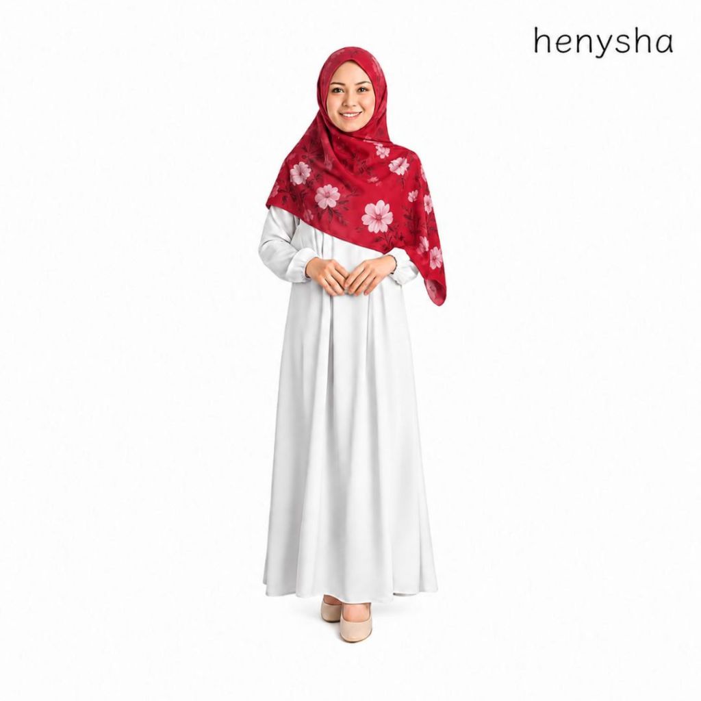Henysha - Hijab Motif Segi Empat - Merah Bunga