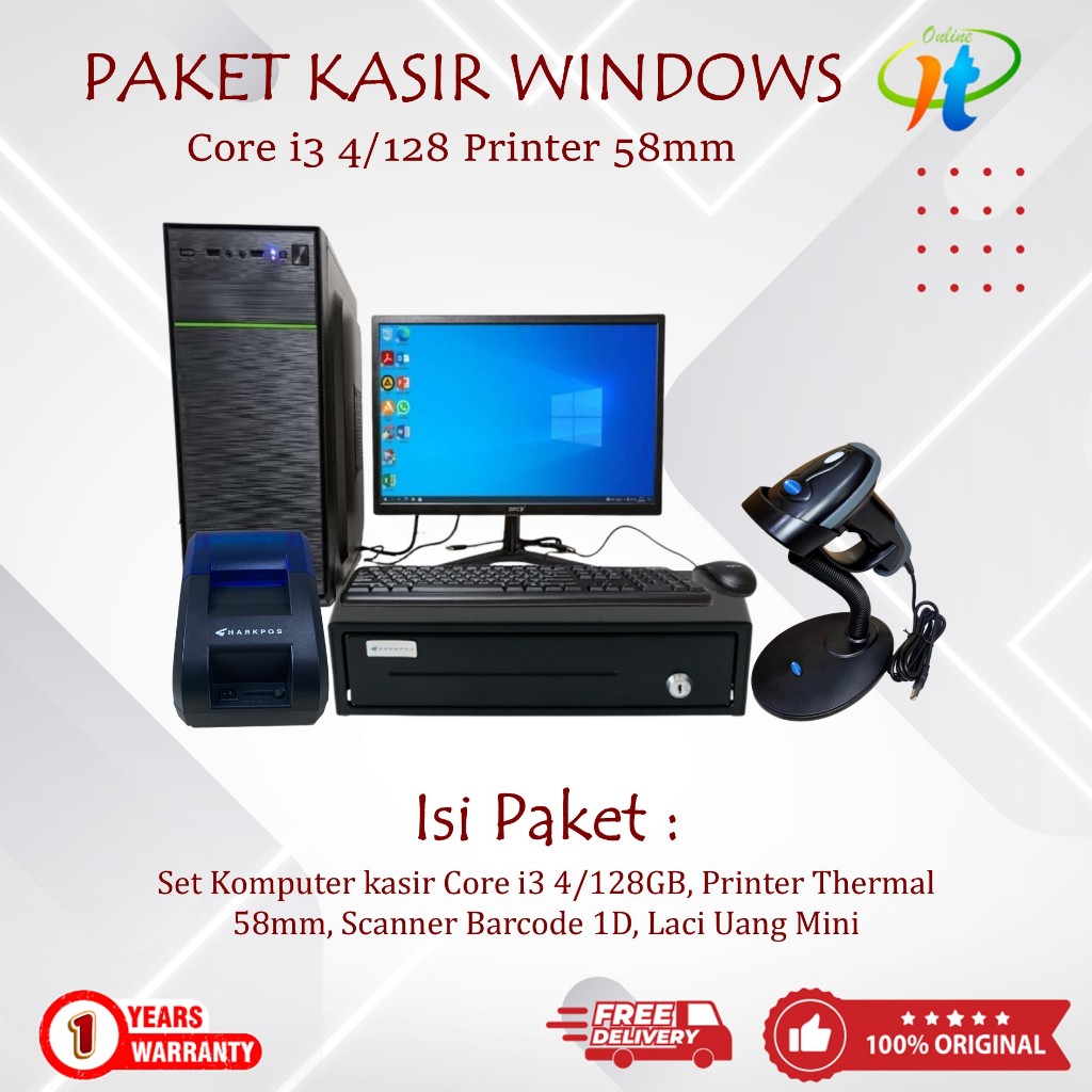 Paket Komputer Kasir Core i3 Printer Bluetooth 58mm Full Set Siap Pakai Cash Drawer Mini Scanner 1D