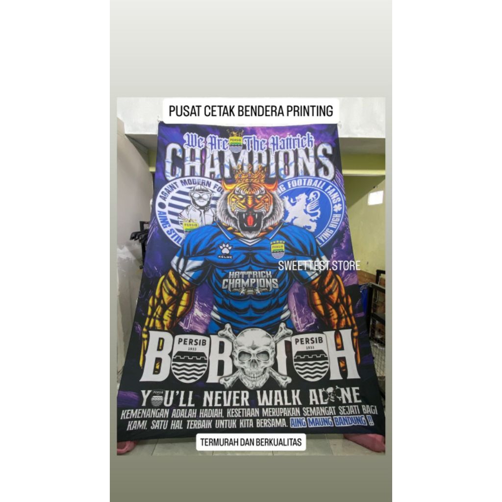 READY STOK + BENDERA PERSIB BANDUNG, BENDERA PRINTING PERSIB HATTRICK JUARA, BENDERA MAUNG BANDUNG, 