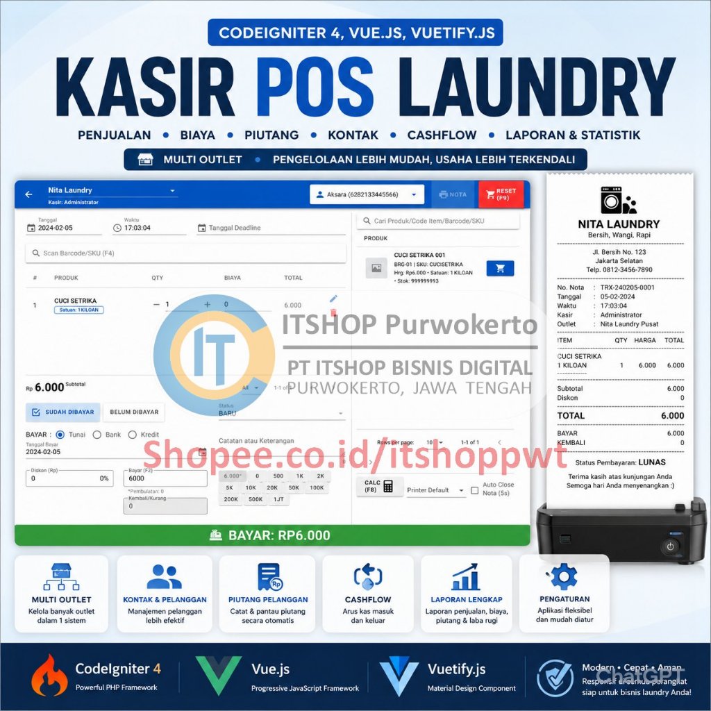 Source Code Aplikasi Web Kasir Toko AksaPOS edisi Laundry Codeigniter 4 MySQL Vue.js