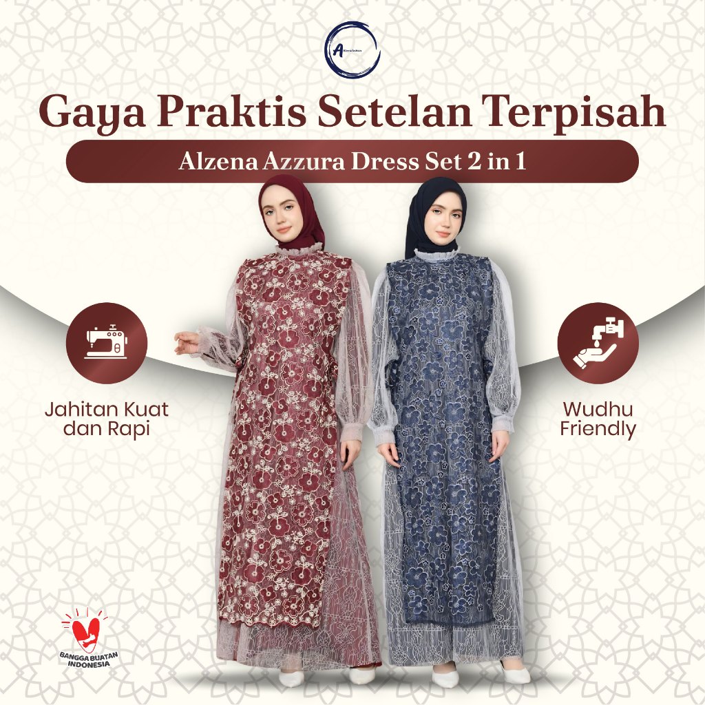 Dress Gamis Azzura Kondangan Tile Bordir Bunga Mewah Outer Setelan Wanita Pesta Brukat Maroon Navy