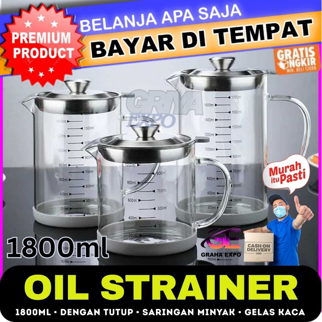 Botol Wadah Penyaring Minyak Goreng Kaca Tahan Panas 1000ml Glass Oil Strainer Kapasitas Jumbo 1 Lit