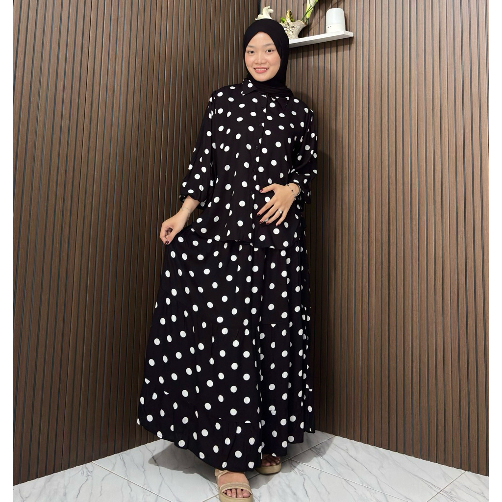 SET ROK AMANDA BAHAN RAYON MOTIF POLKADOT