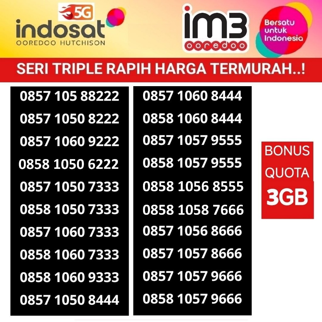 kartu perdana im3 ooredoo indosat 4G 5G nomor cantik seri triple nomor quota freedom 3GB