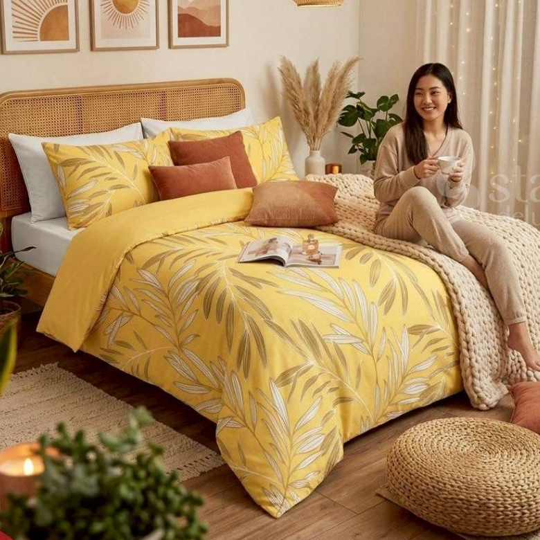 SPREI SET katun lokal || anti geser | homemade || motif VERDA KUNING