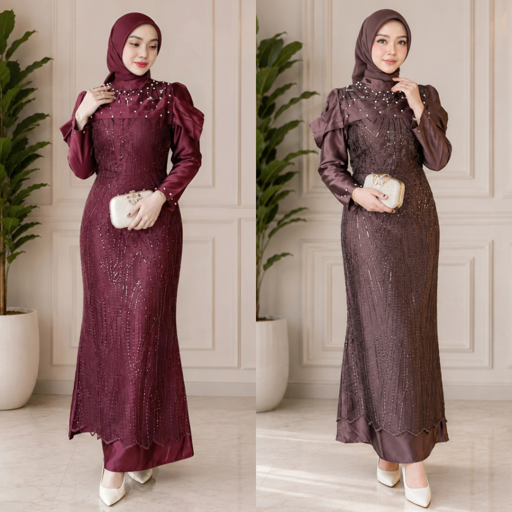 Diandra Dress Gamis Pesta Dress Brokat Gamis LebaranGaun Elegan Payet Mutiara Bahan Cavali Premium