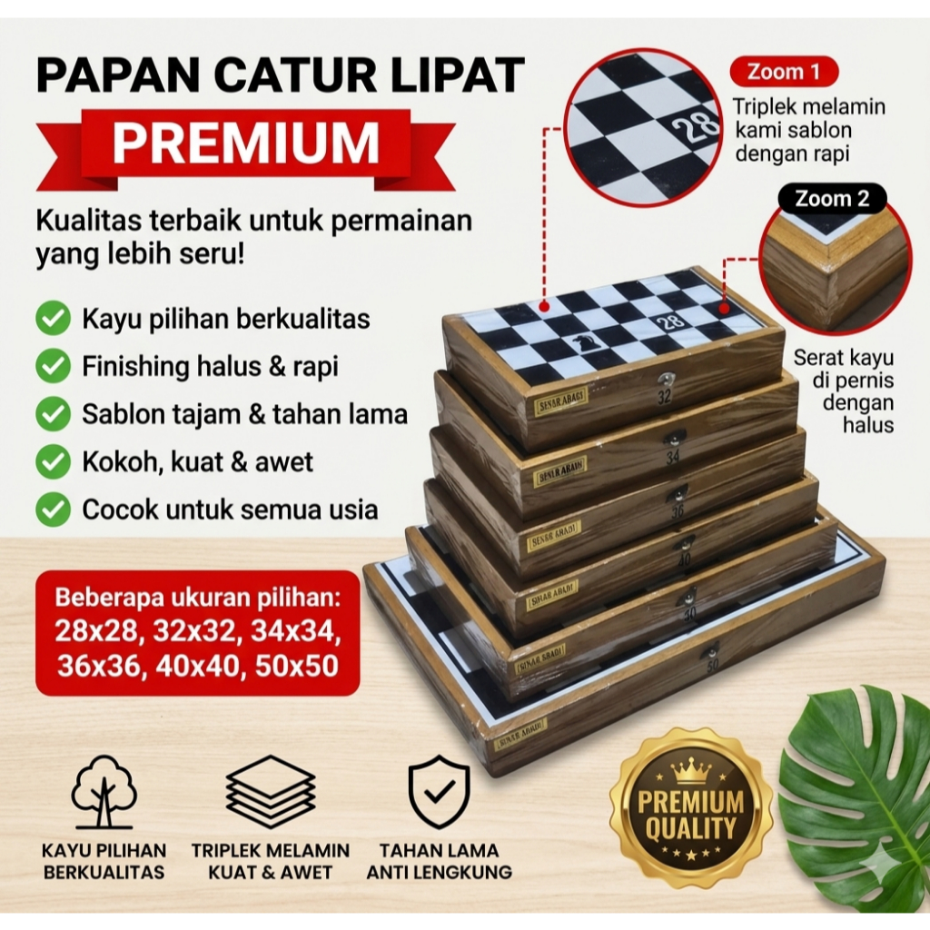 Permainan Papan Catur / Catur Kayu Lipat / Papan Kayu Catur Kayu mulai ukuran.28 - 50 cm