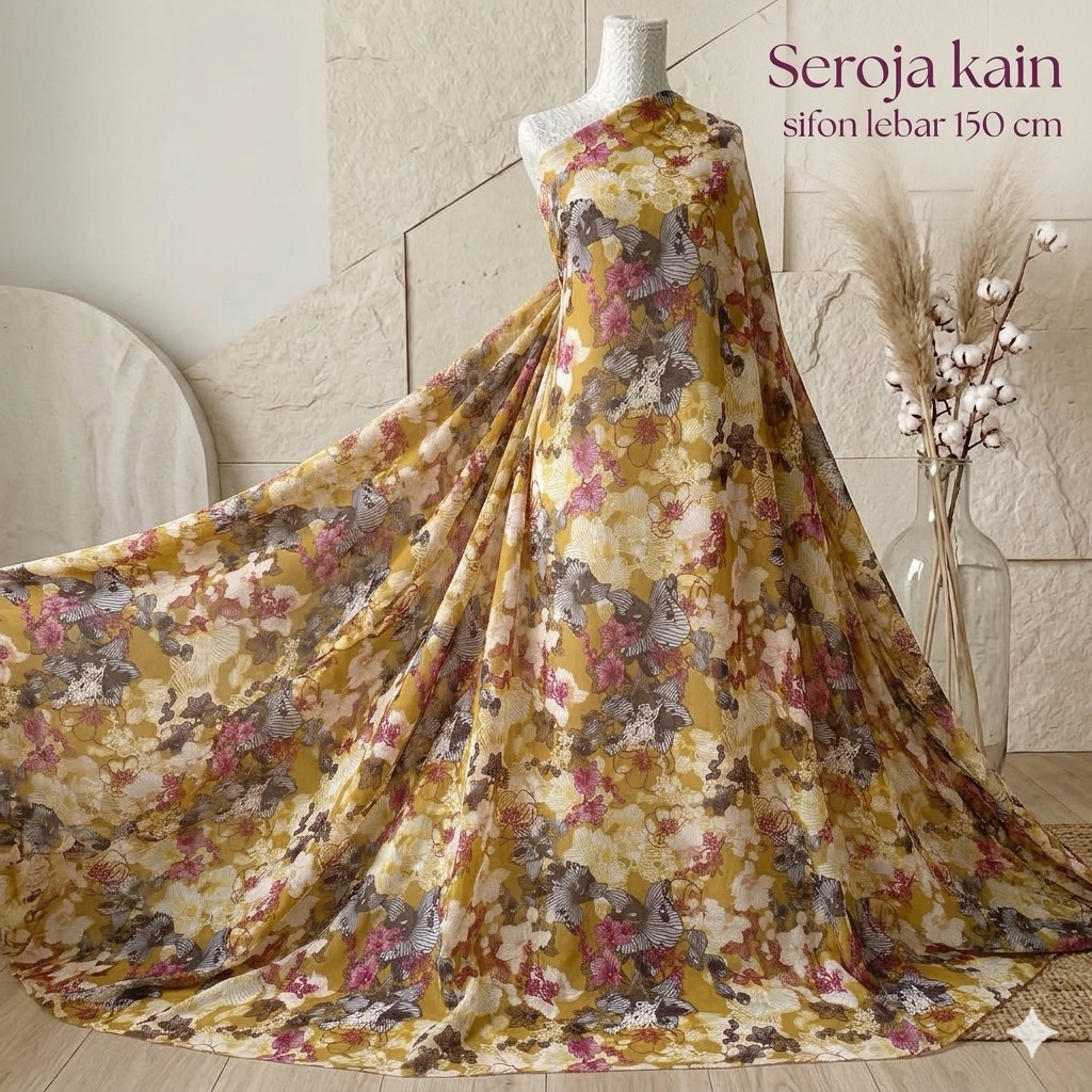 Kain Ceruty Sifon Motif Bunga Abstrak Kuning - Lebar Kain 150cm Mnd