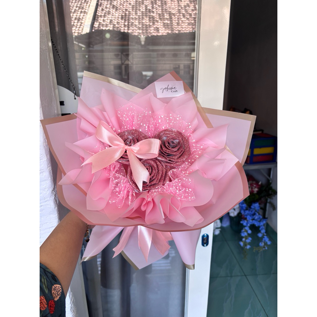 buket bunga 3 tangkai satin glitter/non glitter pink