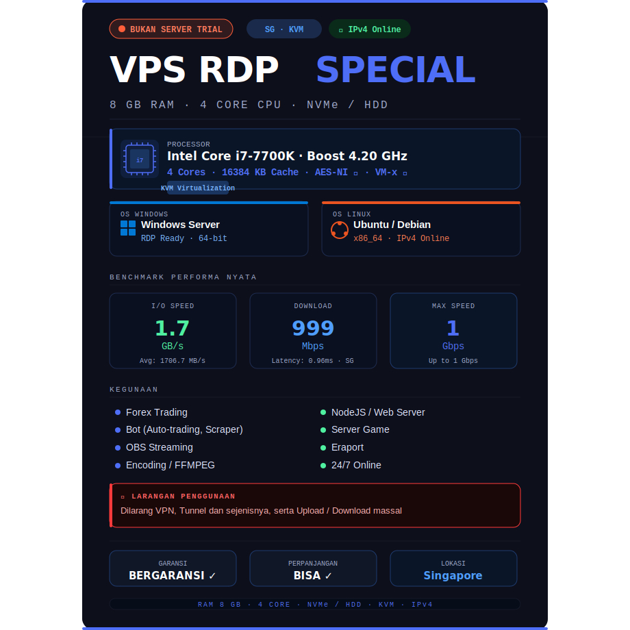 RDP / VPS LINUX 4Ghz CPU Premium I7-7700K FOREX/ENCODING/FFMPEG/NODEJS/PIXELWORLD/WEBSERVER/JAMTAYAN