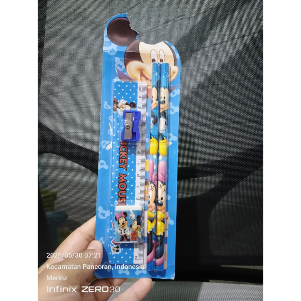 Set Alat Tulis Pensil Set 5 in 1/Alat Tulis Sekolah/Paket Alat Tulis warna Biru gambar Mickey Moise