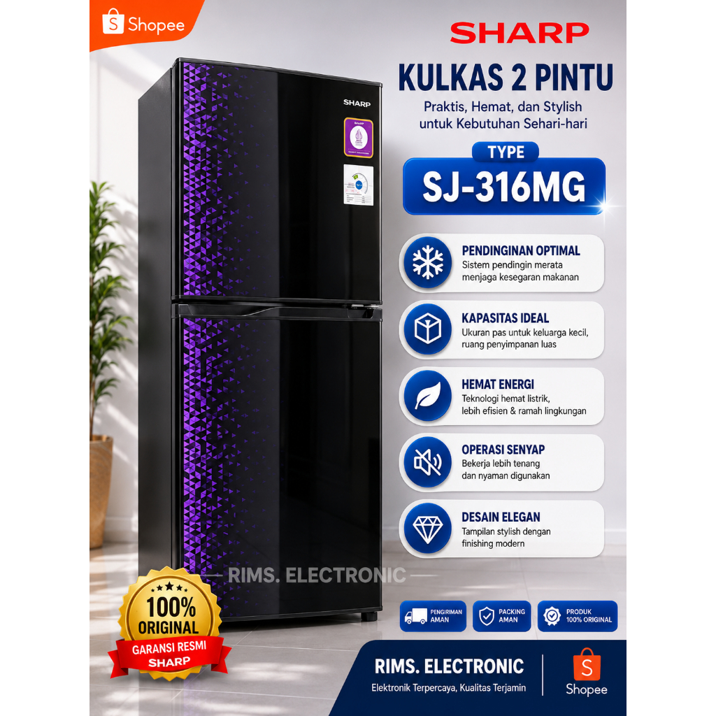 Kulkas SHARP 2 Pintu 256 Liter No Frost New Shine Magneglas Series - (SJ 316 MG)