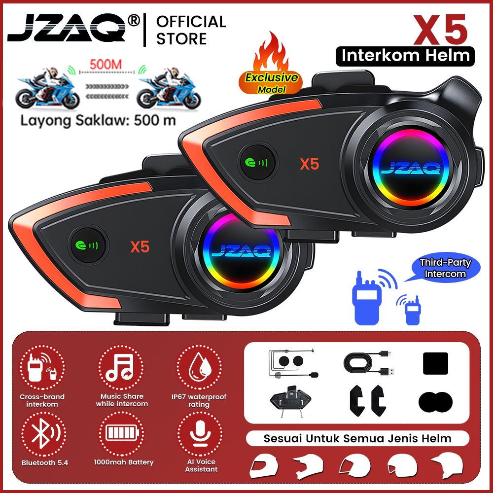 JZAQ X5 interkom helm motor pria keren 1000m Interkom Bt5.4 Ipx67 Waterproof Headset for Motro