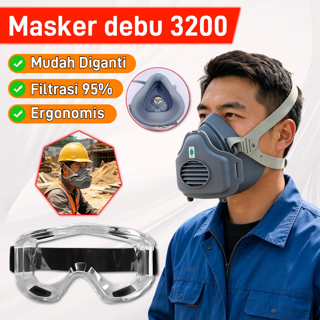 Masker Debu 3200 + Kacamata Safety Filtrasi 95% Masker Respirator untuk Cat Semprot Masker Respirato
