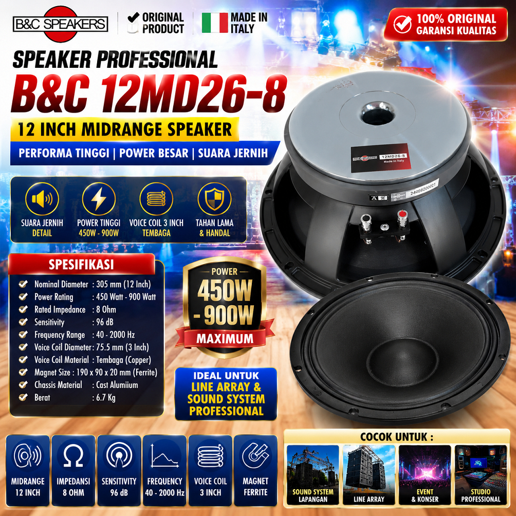 SPEAKER B&C 12MD26-8 Original 12 Inch Midrange Professional 8 Ohm Power Besar Untuk Line Array Lapan