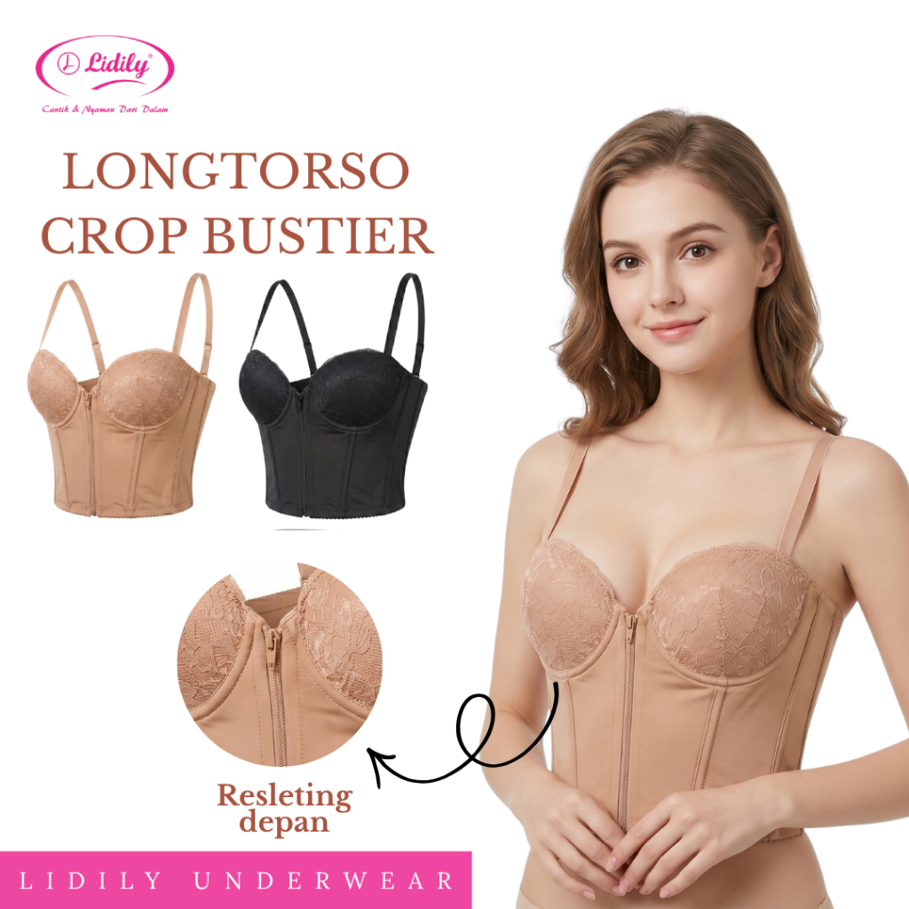 Lidily Longtorso Crop Bustier LT LB1720 Korset Bra Resleting Depan Push Up Renda Premium Pembentuk T