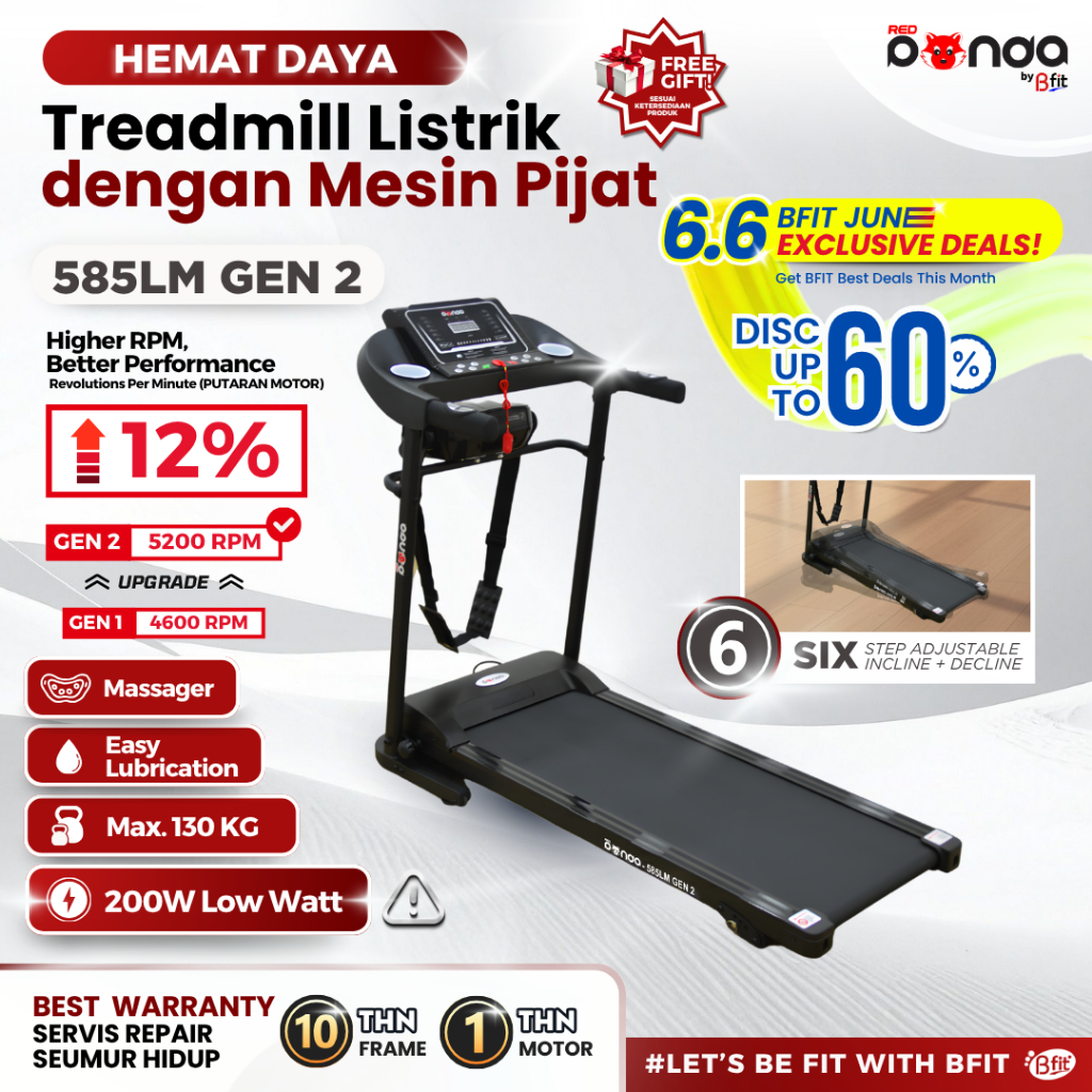 NEW Treadmill Elektrik REDPANDA 585LM Multifungsi Listrik Lipat Portable Low Watt Fitness Gym