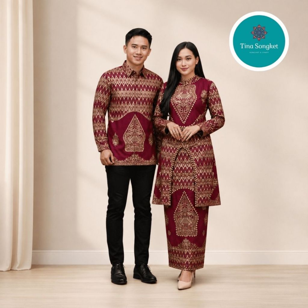 Baju Batik Songket Couple Motif Wayang Merah Marun Premium | Kemeja Batik Palembang Couple Keluarga 