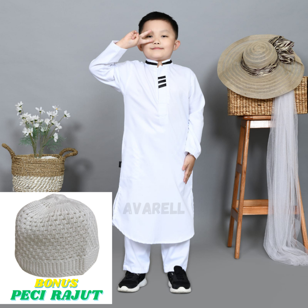 "Koko SULTAN bonus PECI RAJUT" Baju Koko Kurta Jubah Gamis Pakaian Muslim Putih Anak Laki Laki Set S