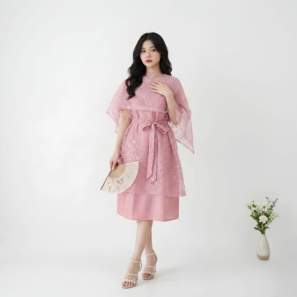 Sabrina Dress Cindy Tile Mutiara Baju Kondangan Wanita Brokat Midi Dress Pesta Elegant Kekinian Ed