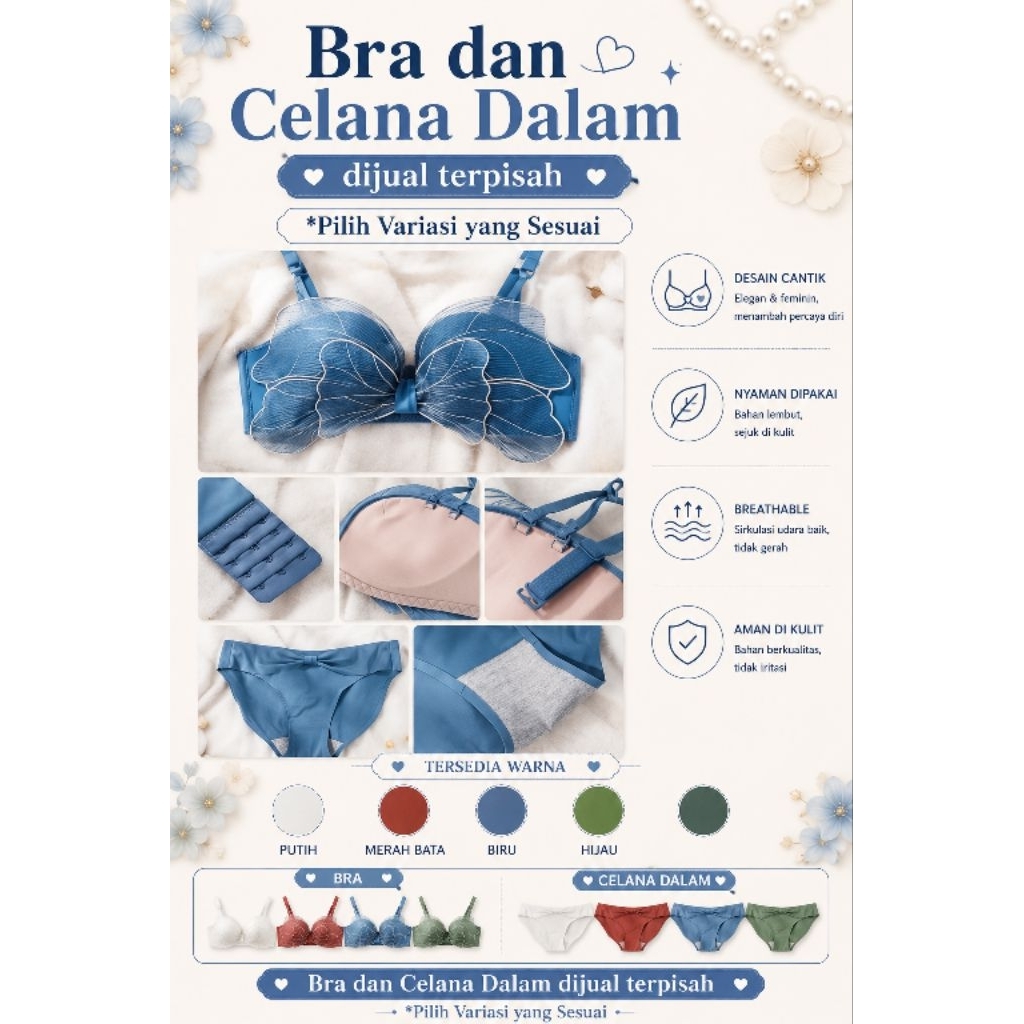 BH Push Up Bra Seamless Busa Tanpa Kawat Celana Dalam CD Set Kutang Remaja Abg BH Underwear Cangcut 