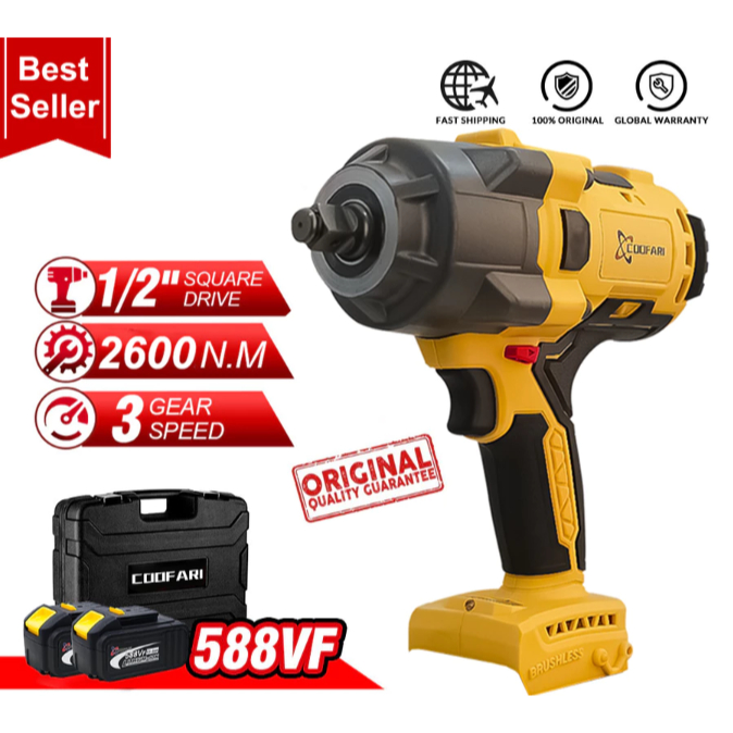 MV **COOFARI Kunci Pas Elektrik 1/2 Inci Torsi Tinggi 2600Nm Tanpa Kabel 588VF Kompatibel Baterai Ma